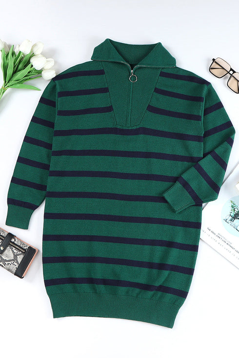 Striped O-Ring Zip Front Collared Drop Shoulder Long Sleeve Sweater Dress